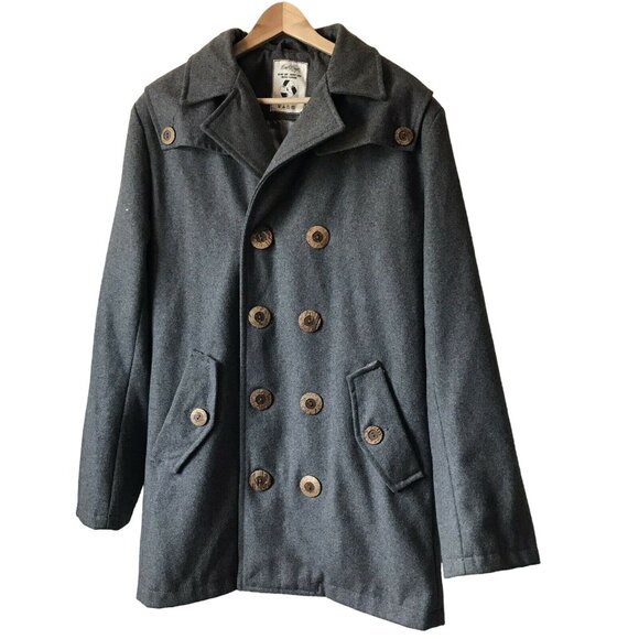 Vintage Recycled Women L Wool Blend Peacoat With Wood Buttons & Satin Lining - Picture 1 of 7